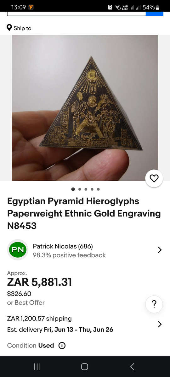 Egyptian Revival Etched Brass Pyramid Paperweight