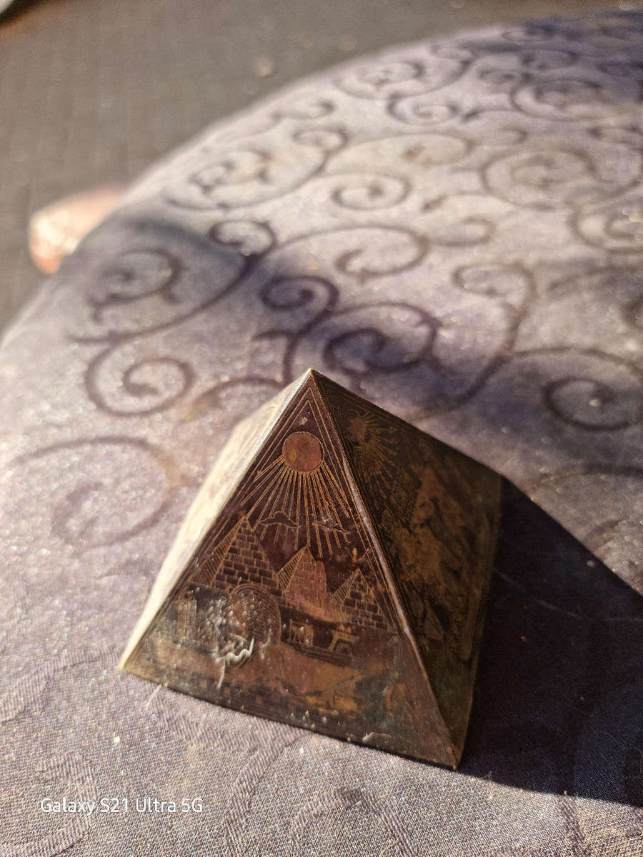 Egyptian Revival Etched Brass Pyramid Paperweight