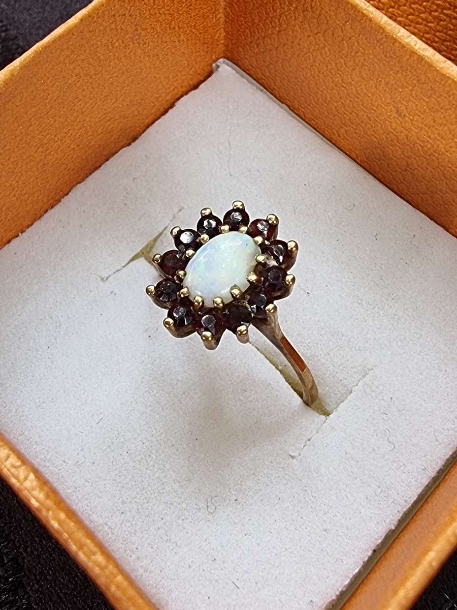 Dazzling Vintage  Genuine "SUGAR OPAL" and Garnet Halo 9CT Yellow Gold. ( Genuine Gold.)
