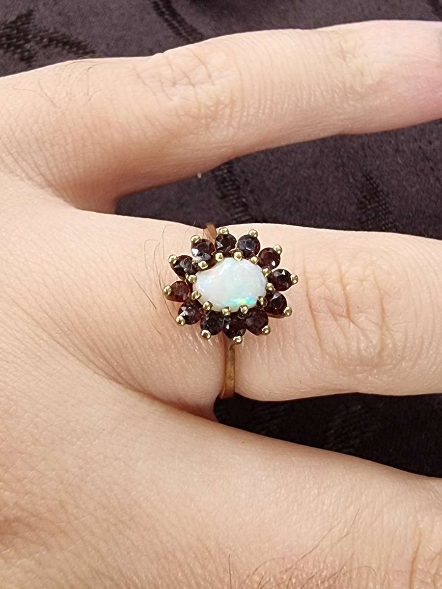 Dazzling Vintage  Genuine "SUGAR OPAL" and Garnet Halo 9CT Yellow Gold. ( Genuine Gold.)