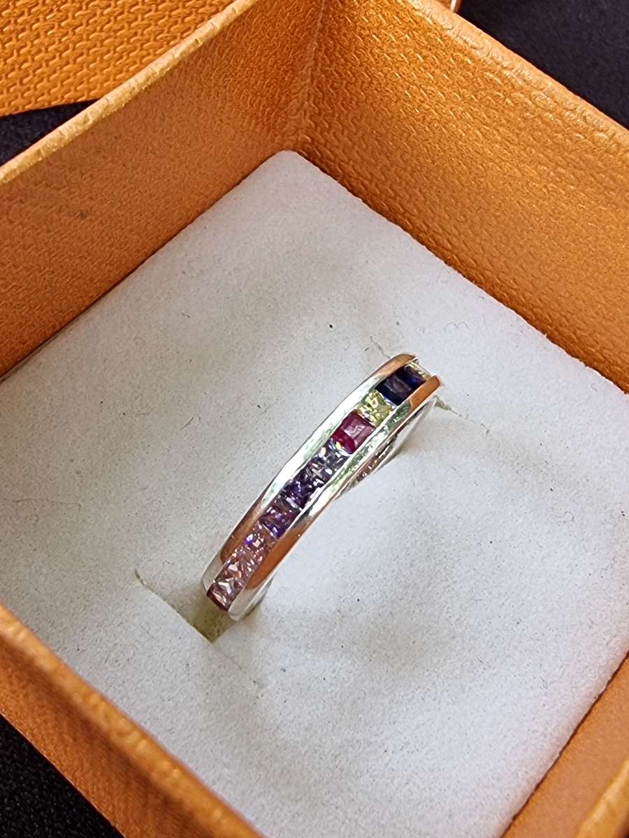 Multicolored 925 Sterling Silver Eternity Ring. ( Genuine Silver. )
