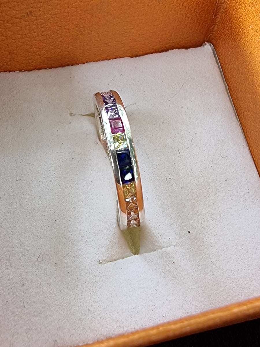 Multicolored 925 Sterling Silver Eternity Ring. ( Genuine Silver. )