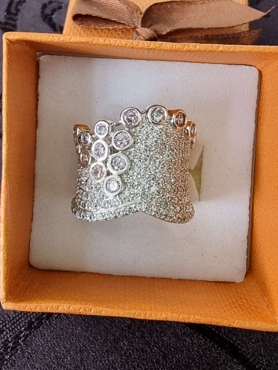 Pink and White CZ Designer 925 Sterling Silver Ring. ( Genuine Silver. )