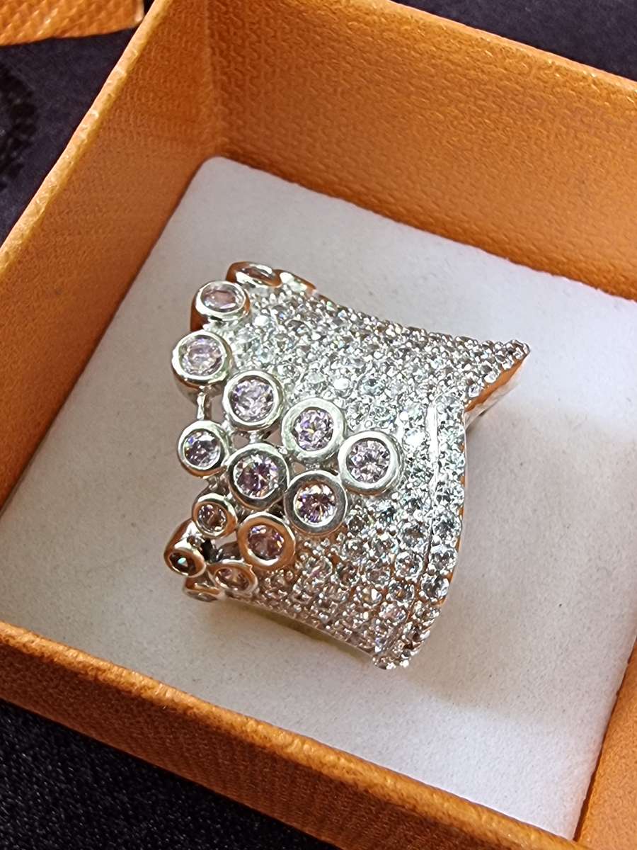 Pink and White CZ Designer 925 Sterling Silver Ring. ( Genuine Silver. )