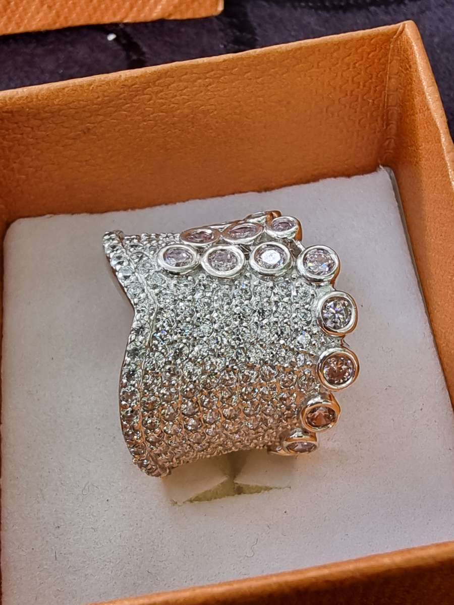 Pink and White CZ Designer 925 Sterling Silver Ring. ( Genuine Silver. )