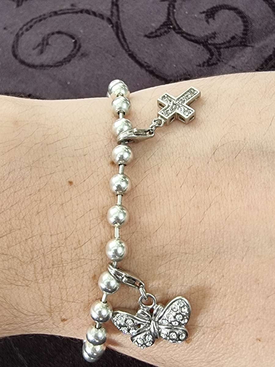 Design Ball Beaded Chain Bracelet with Cross & Butterfly Charm 925 Sterling Silver. ( Genuine Silver