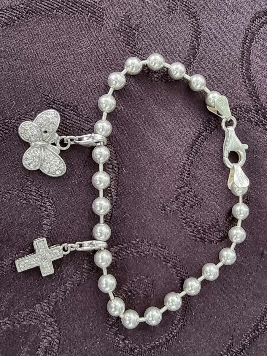Design Ball Beaded Chain Bracelet with Cross & Butterfly Charm 925 Sterling Silver. ( Genuine Silver