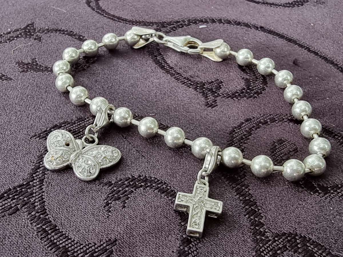 Design Ball Beaded Chain Bracelet with Cross & Butterfly Charm 925 Sterling Silver. ( Genuine Silver