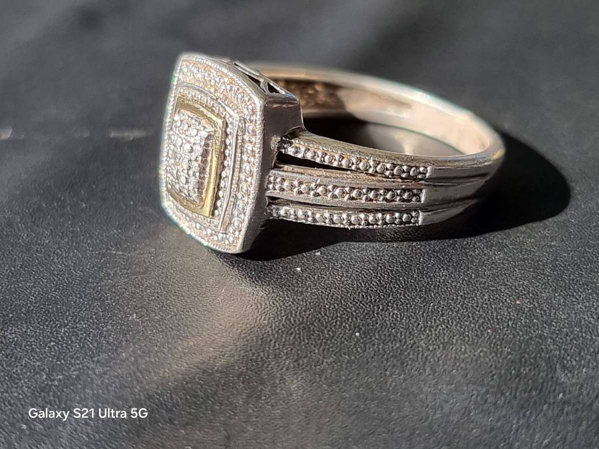 Sterling Silver & Gold Two-Tone Ring with Sparkling Diamond Accent Style Design ( Genuine Silver.)