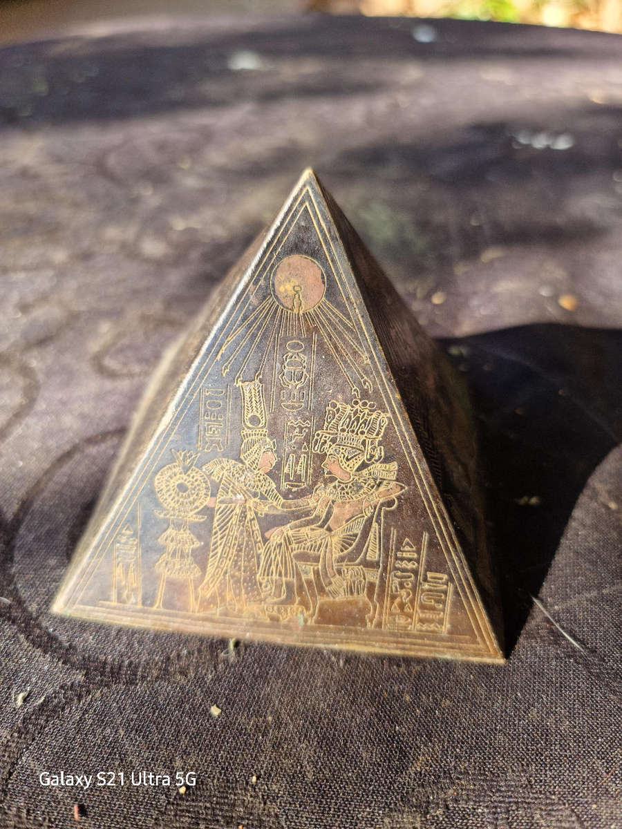 Egyptian Revival Etched Brass Pyramid Paperweight