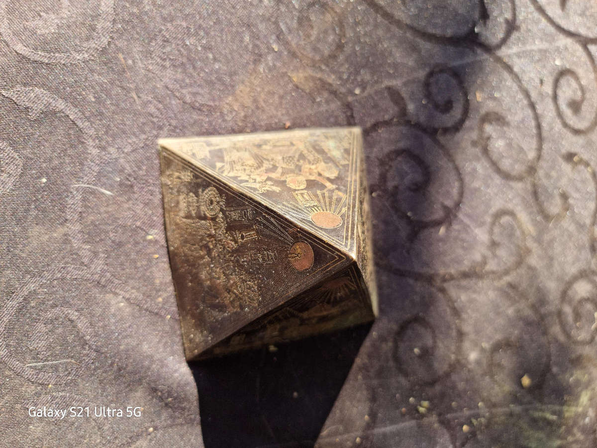 Egyptian Revival Etched Brass Pyramid Paperweight