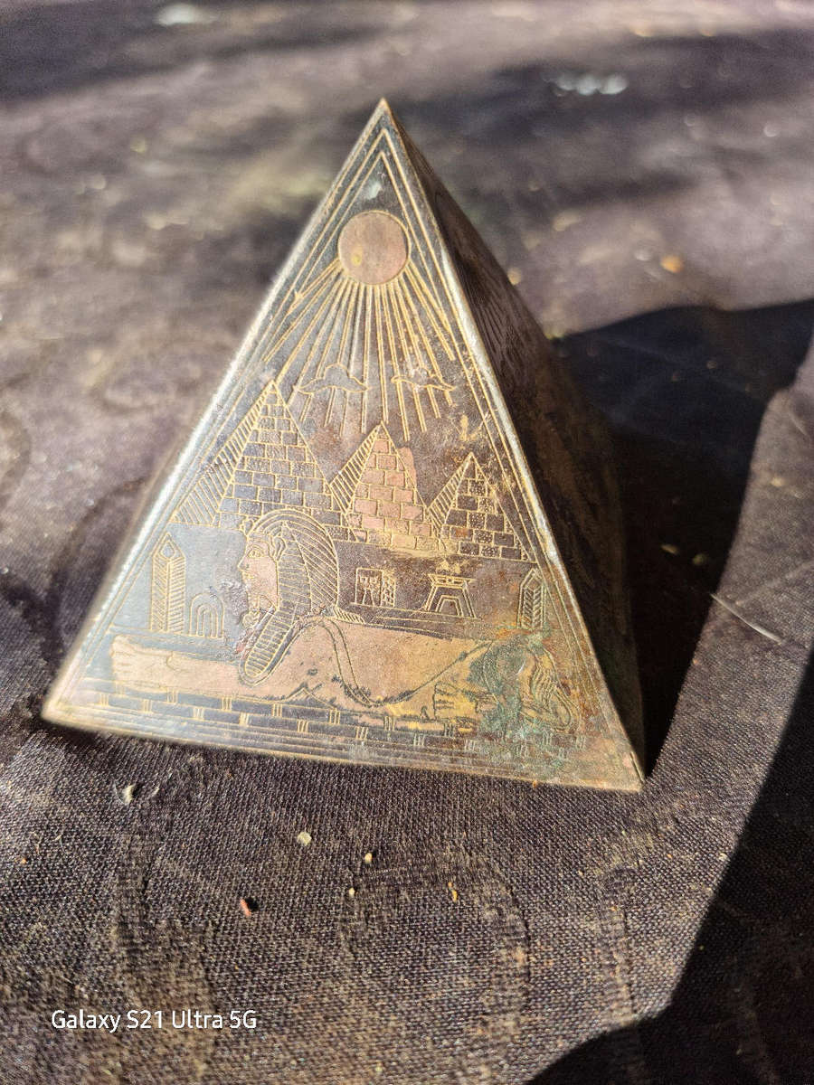 Egyptian Revival Etched Brass Pyramid Paperweight