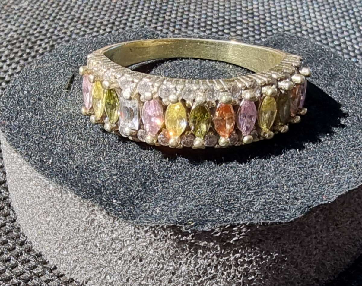 Multi Colour CZ 925 Sterling Silver Gold Plated Ring