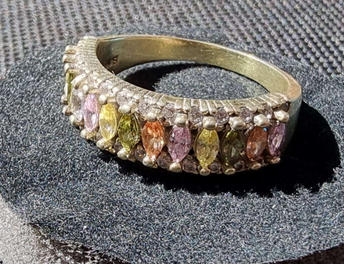 Multi Colour CZ 925 Sterling Silver Gold Plated Ring