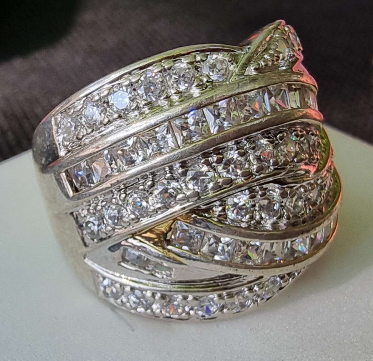 Crossovers Channel CZ 925 Sterling Silver Ring. ( Genuine Silver. )