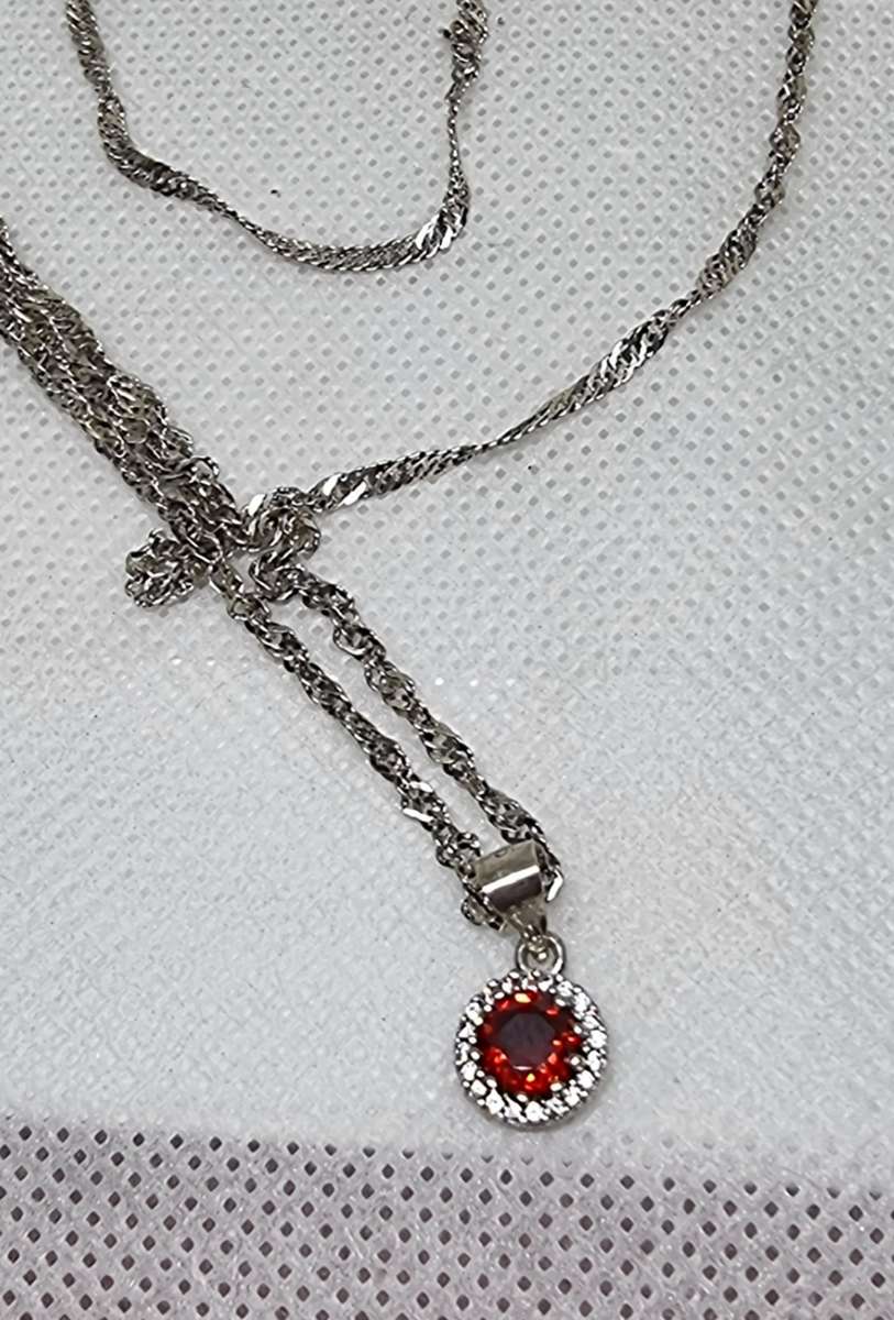 "RED STONE" CZ Pendant on a 925 \ STERLING SILVER "ROPE CHAIN" Necklace.( Genuine Silver. )