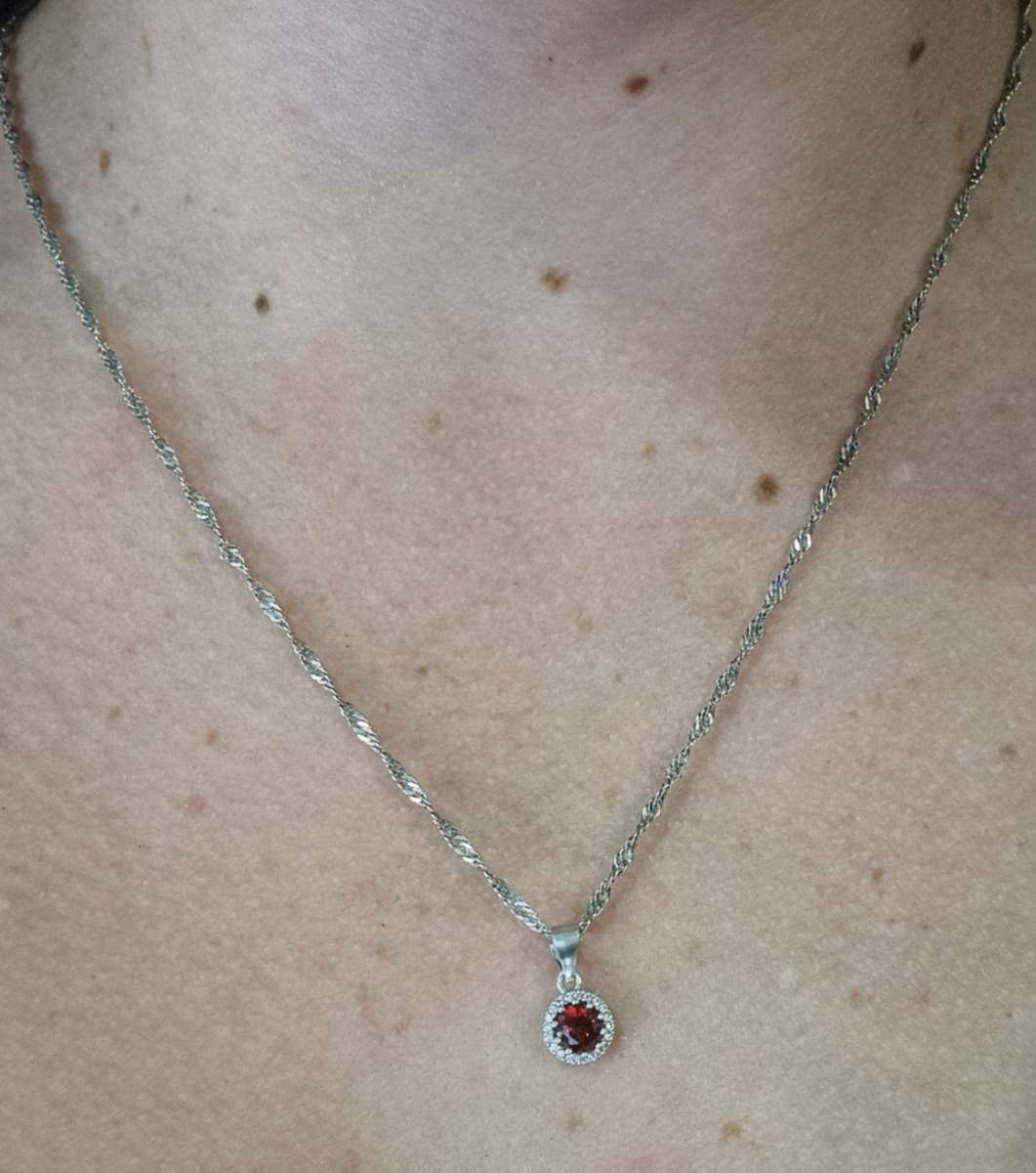 "RED STONE" CZ Pendant on a 925 \ STERLING SILVER "ROPE CHAIN" Necklace.( Genuine Silver. )