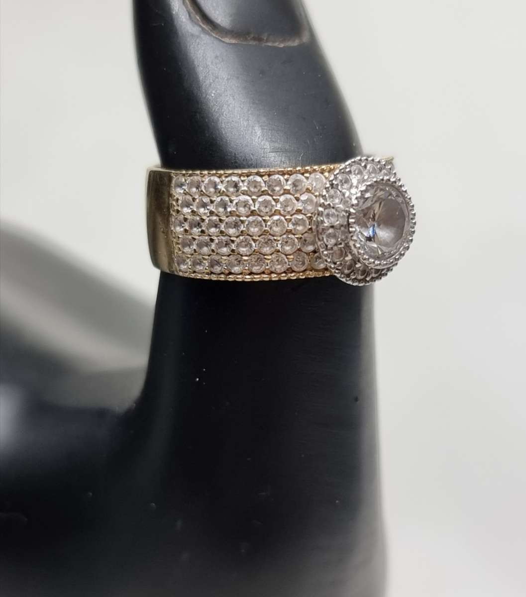 "Round Halo" 0.38 Carat "NATURAL DIAMOND" Head with Wide Pave CZ Band Set In 9CT Yellow Gold.