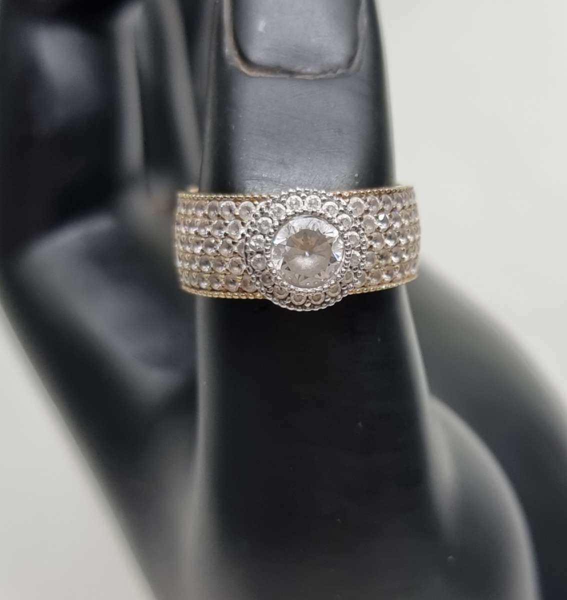 "Round Halo" 0.38 Carat "NATURAL DIAMOND" Head with Wide Pave CZ Band Set In 9CT Yellow Gold.