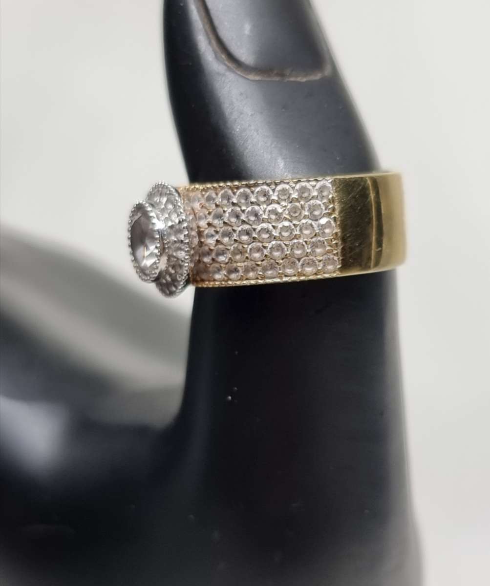 "Round Halo" 0.38 Carat "NATURAL DIAMOND" Head with Wide Pave CZ Band Set In 9CT Yellow Gold.