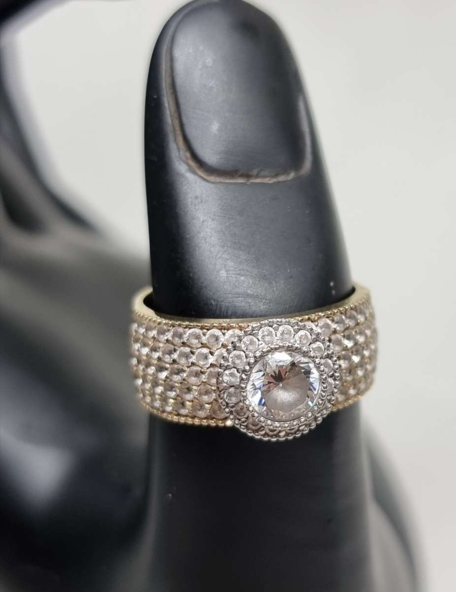 "Round Halo" 0.38 Carat "NATURAL DIAMOND" Head with Wide Pave CZ Band Set In 9CT Yellow Gold.