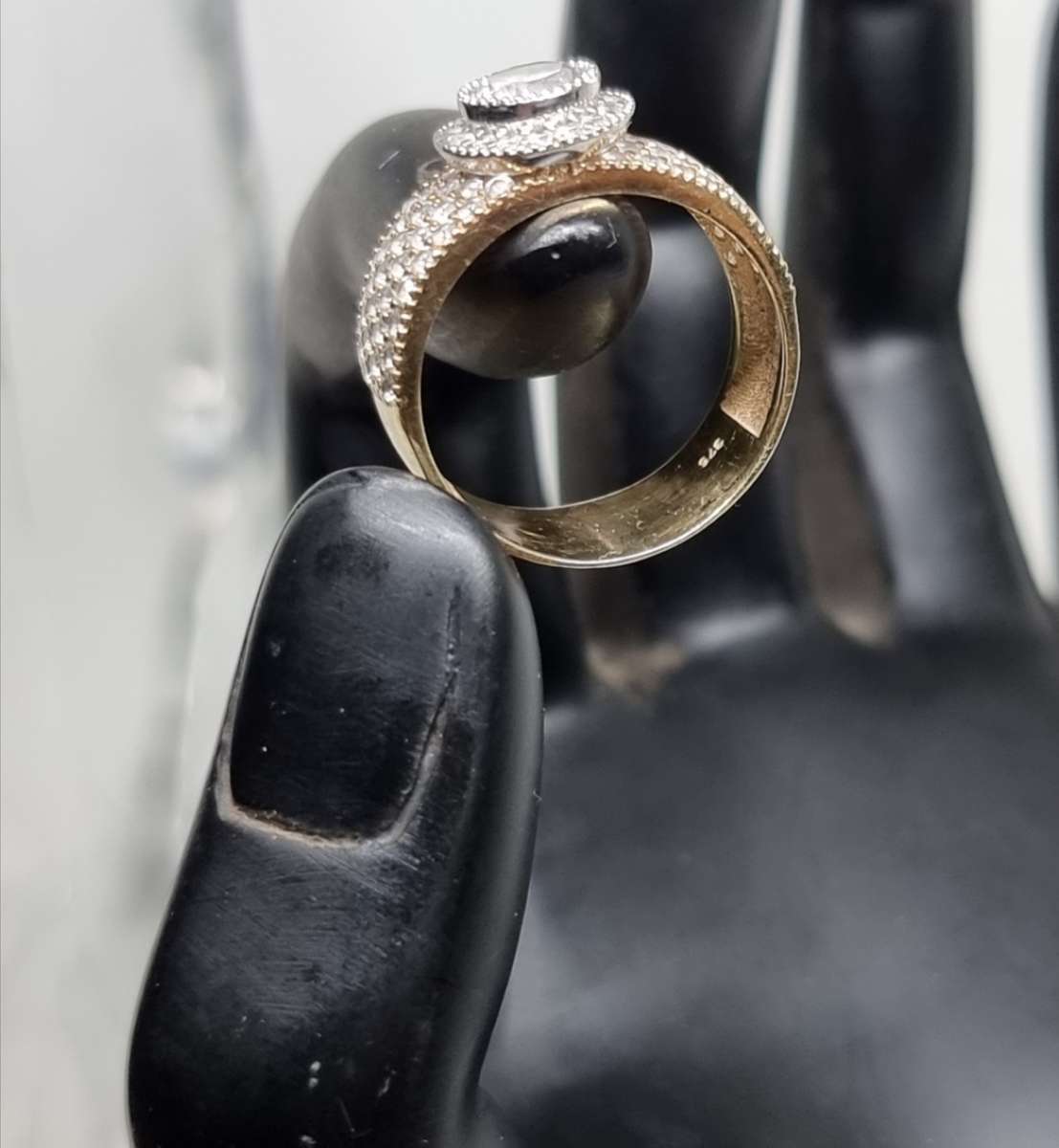 "Round Halo" 0.38 Carat "NATURAL DIAMOND" Head with Wide Pave CZ Band Set In 9CT Yellow Gold.