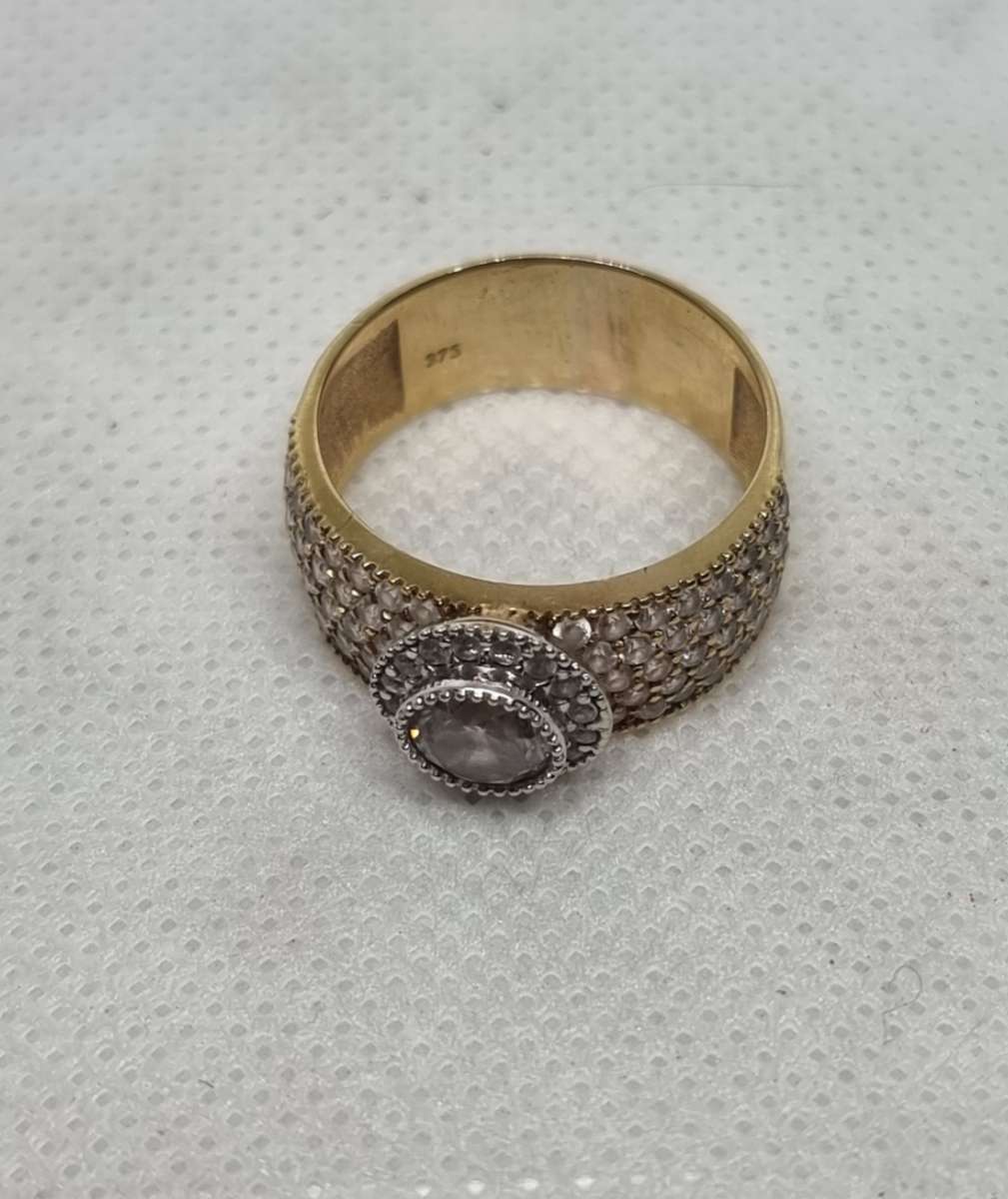 "Round Halo" 0.38 Carat "NATURAL DIAMOND" Head with Wide Pave CZ Band Set In 9CT Yellow Gold.