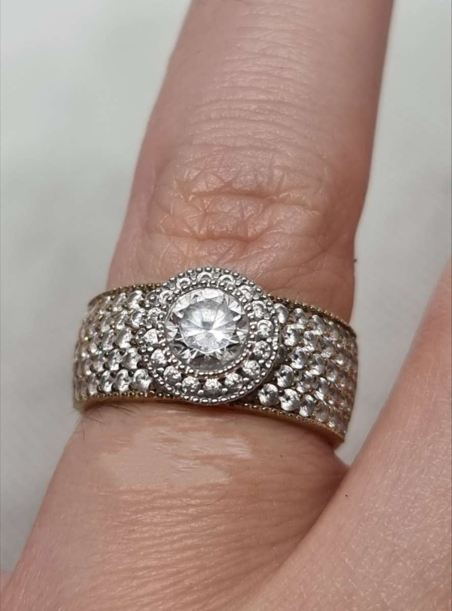 "Round Halo" 0.38 Carat "NATURAL DIAMOND" Head with Wide Pave CZ Band Set In 9CT Yellow Gold.