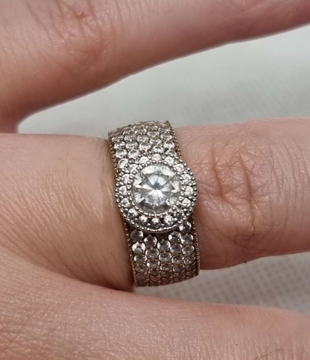 "Round Halo" 0.38 Carat "NATURAL DIAMOND" Head with Wide Pave CZ Band Set In 9CT Yellow Gold.