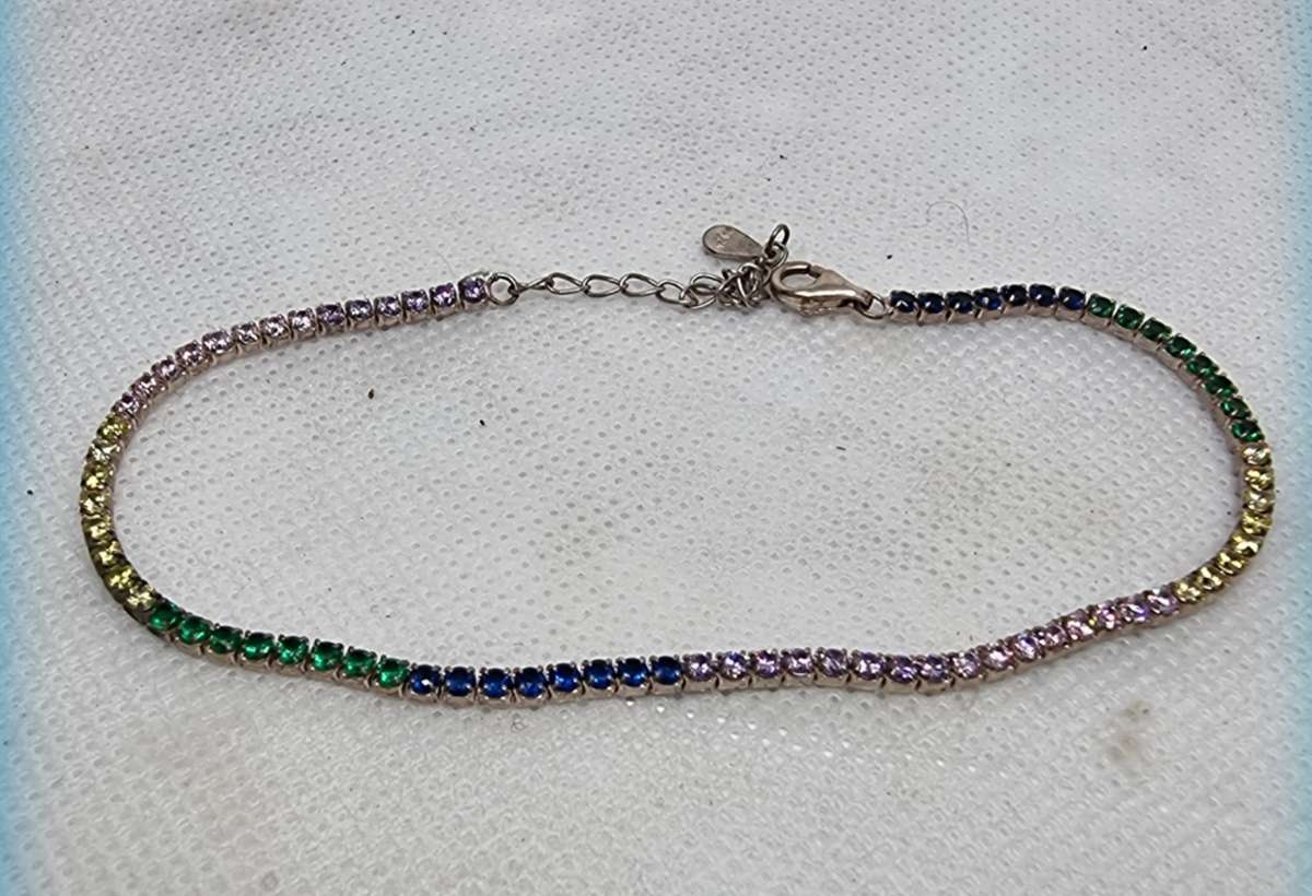 Multi Colour CZ 925 Sterling Silver Fine Tennis Bracelet.( Genuine Silver. )