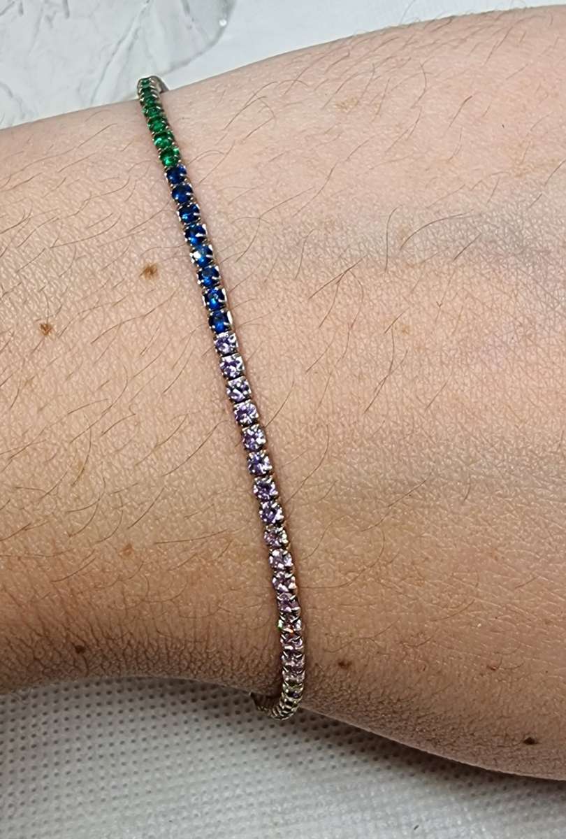 Multi Colour CZ 925 Sterling Silver Fine Tennis Bracelet.( Genuine Silver. )