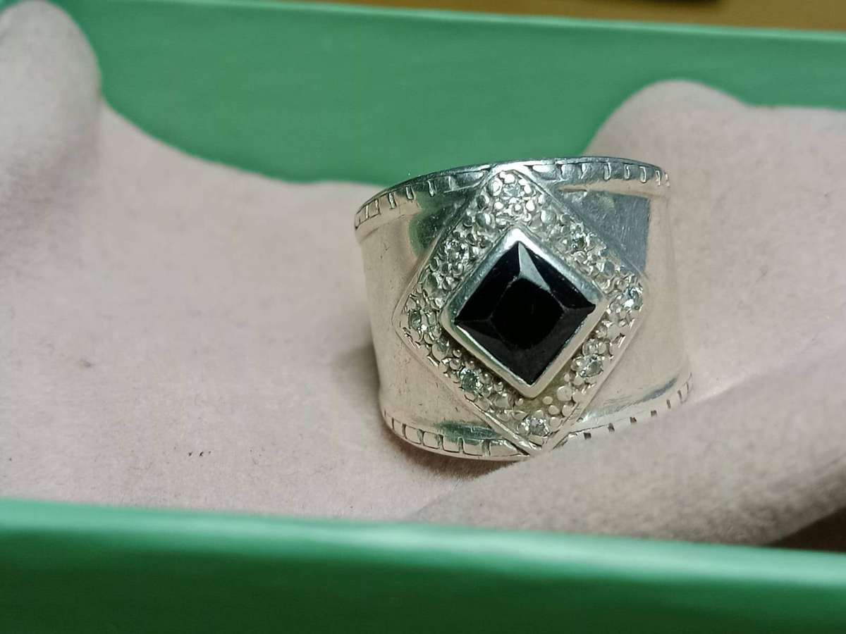 Onyx silver-tone statement ring with CZ accents ( Genuine Silver)