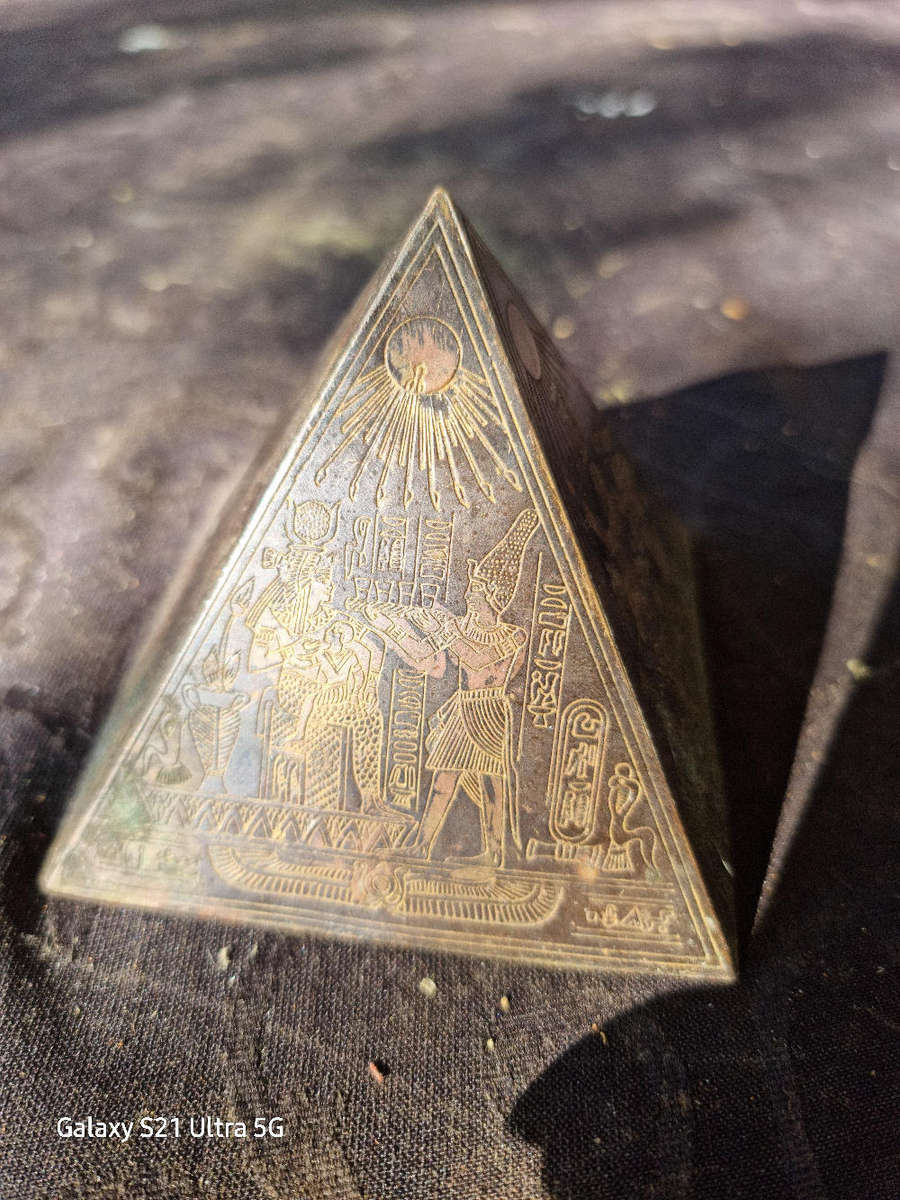 Egyptian Revival Etched Brass Pyramid Paperweight