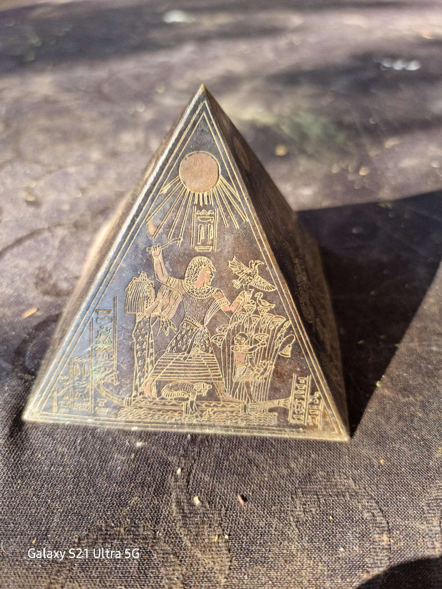 Egyptian Revival Etched Brass Pyramid Paperweight