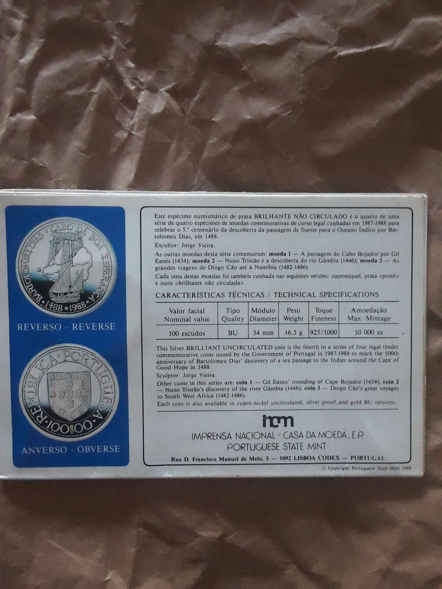 1988 Portugeuse 100 escudos .925 silver proof coin in card folder