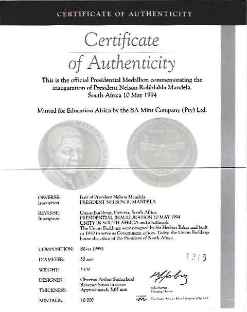 LATE ENTRY !!! Massive 5 OUNCE SILVER Proof Mandela Inauguration Medallion - includes case and COA's