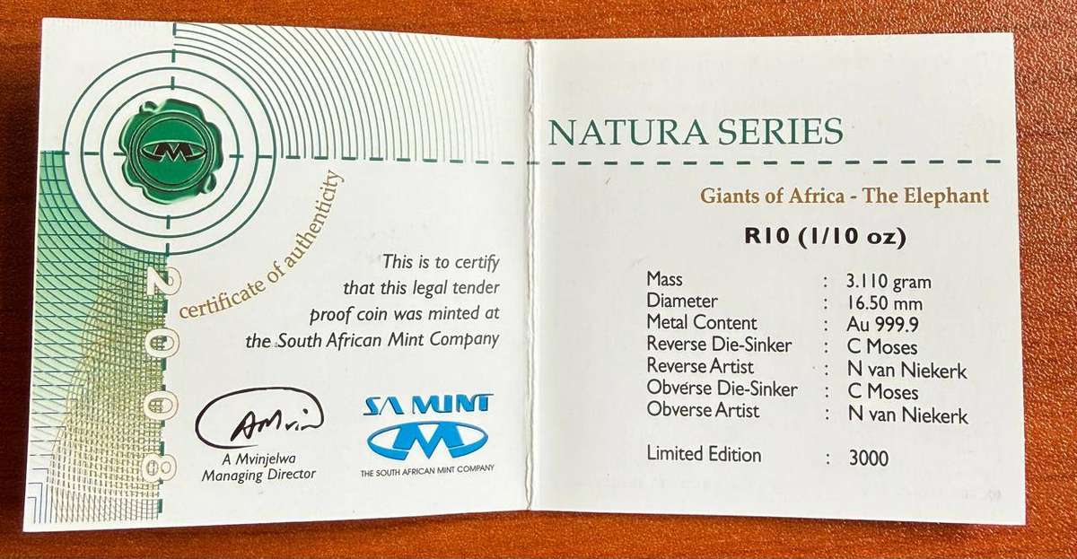 Gold 24ct Tenth oz R10 - Natura Proof Coin - Elephant 2008 - mintage 776 with certificate