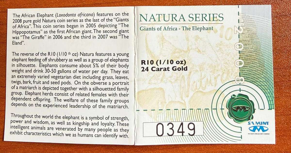 Gold 24ct Tenth oz R10 - Natura Proof Coin - Elephant 2008 - mintage 776 with certificate