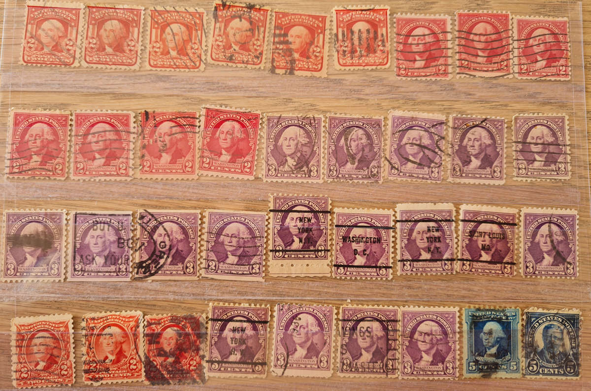 George Washington stamps red/carmine 2 cent & purple violet 3 cent  from 1932 era (Study Group No4)