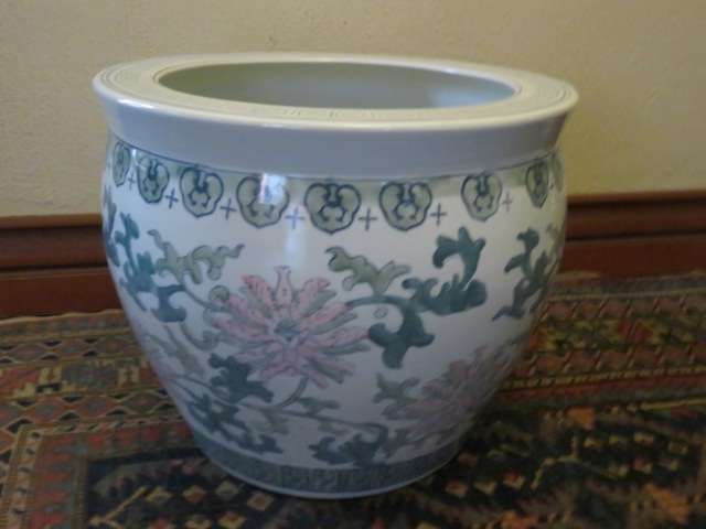 Extra large green, pink and white ceramic jardiniere/planter