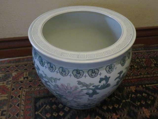 Extra large green, pink and white ceramic jardiniere/planter