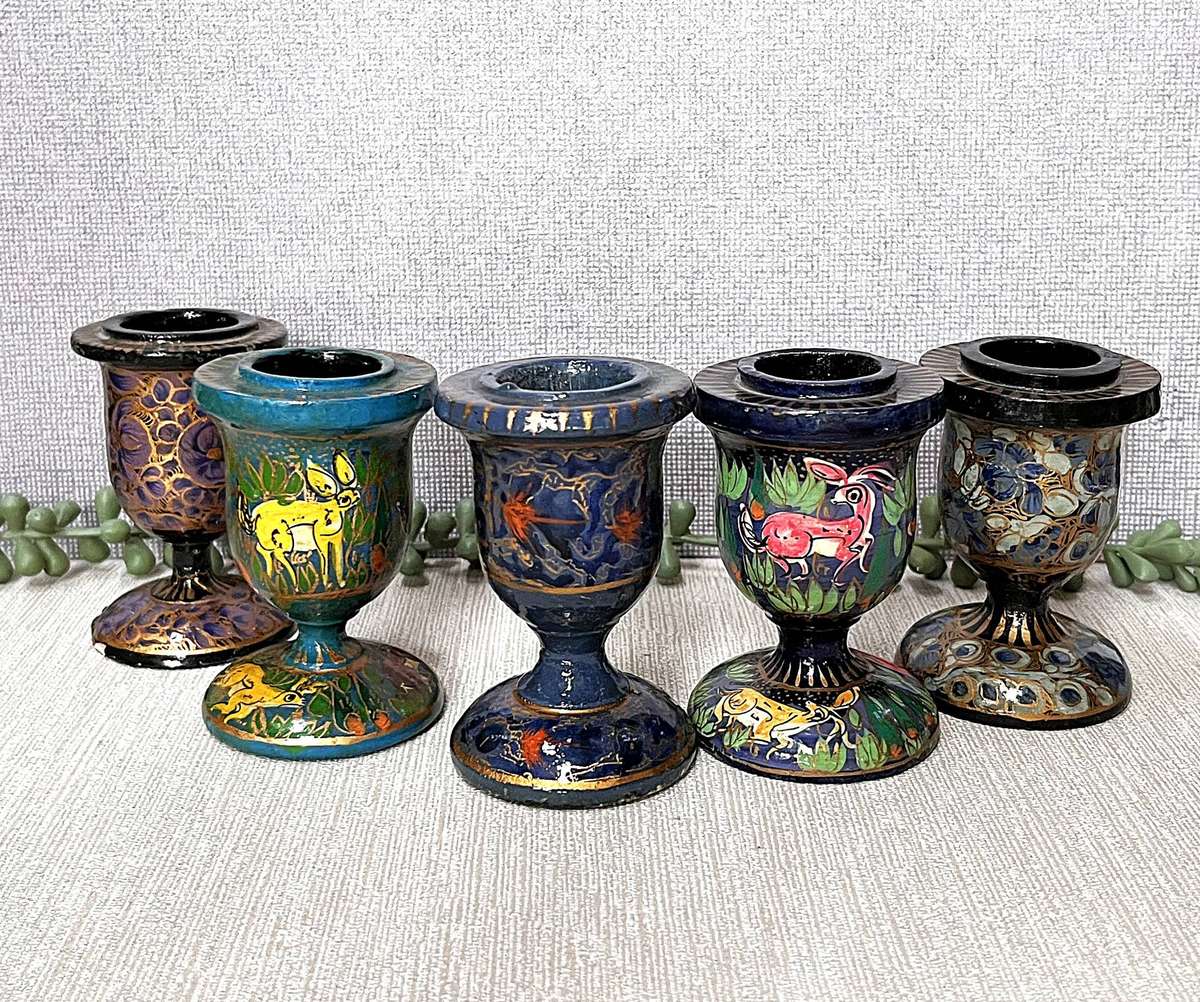 Set of 5 Kashmiri Papier-Mâché Candle Holders