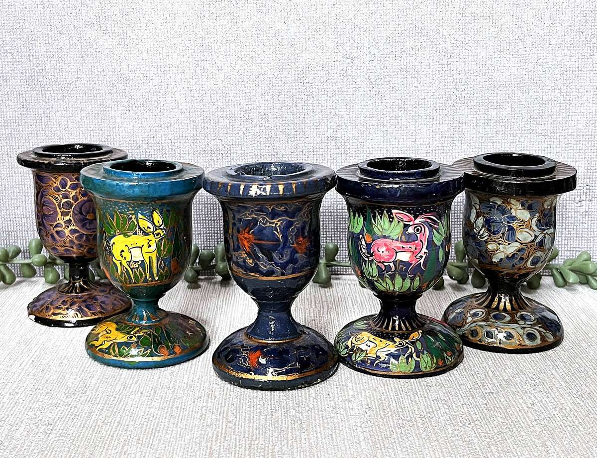 Set of 5 Kashmiri Papier-Mâché Candle Holders