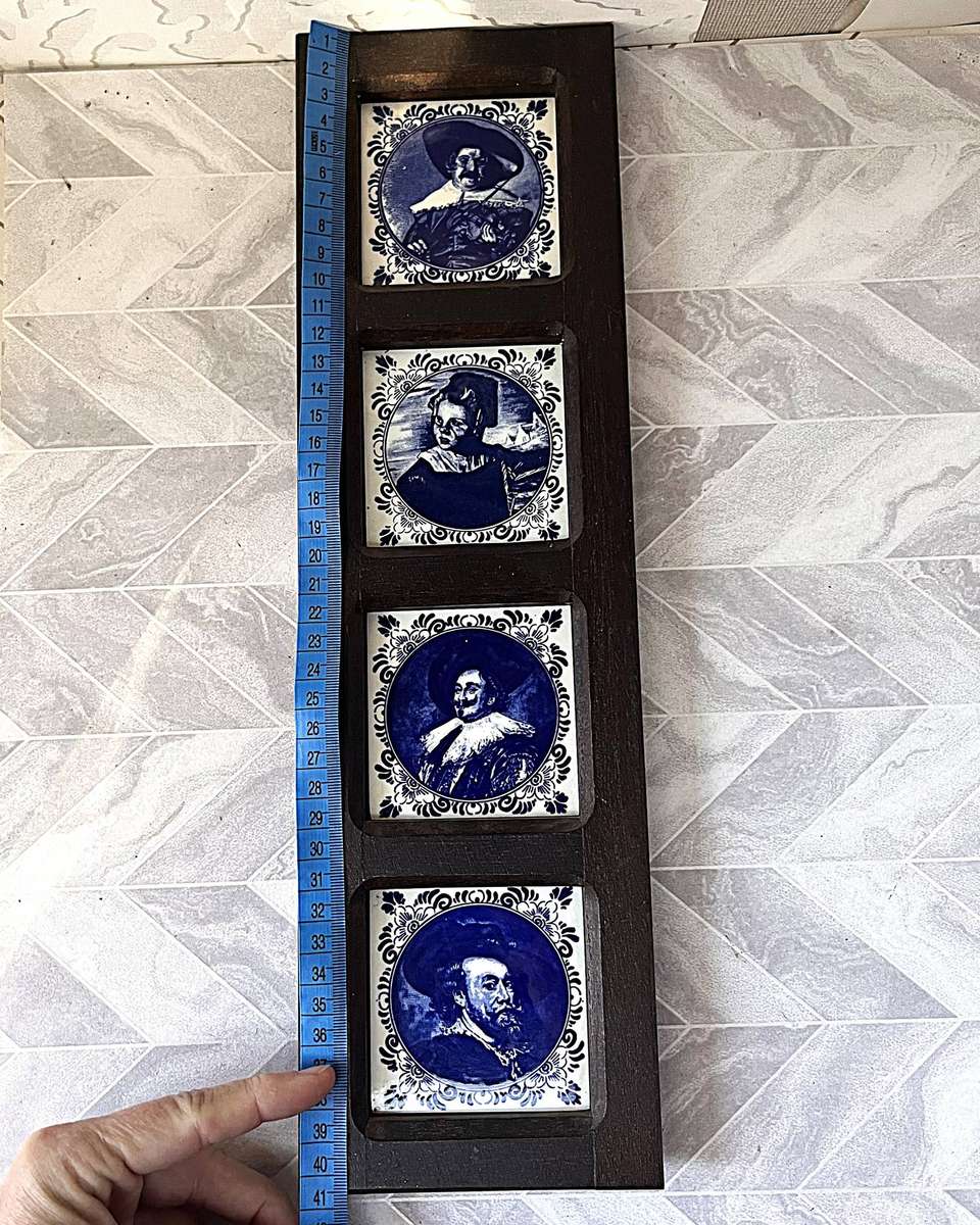 Vintage Dutch Delft Blue 4-Tile Wall Plaque, Old Master Portraits.