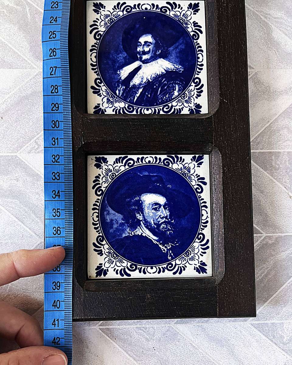 Vintage Dutch Delft Blue 4-Tile Wall Plaque, Old Master Portraits.