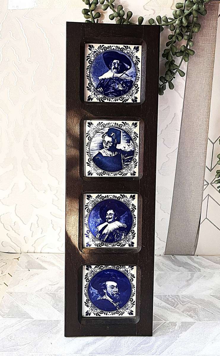 Vintage Dutch Delft Blue 4-Tile Wall Plaque, Old Master Portraits.
