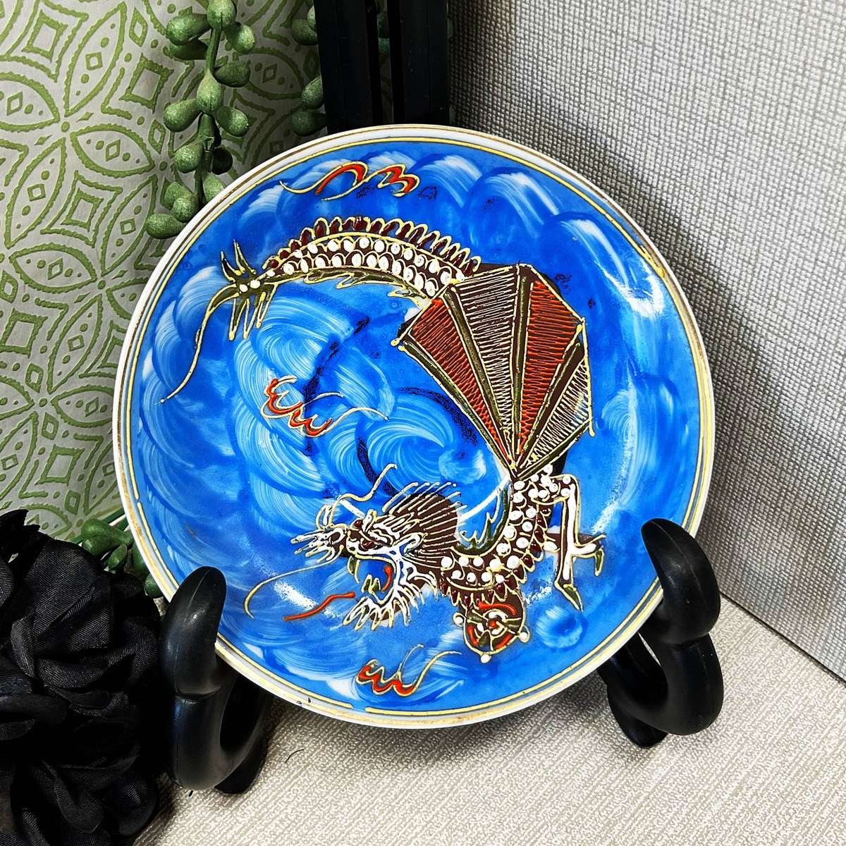 Vintage Japanese Satsuma Blue Dragonware Saucer