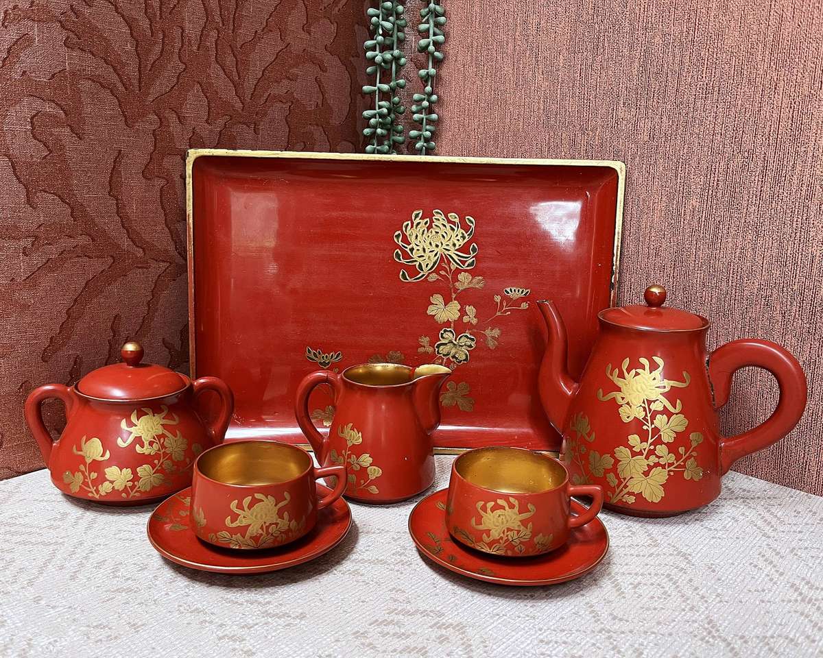 Vintage Japanese Red and Gold Lacquerware Tea Set