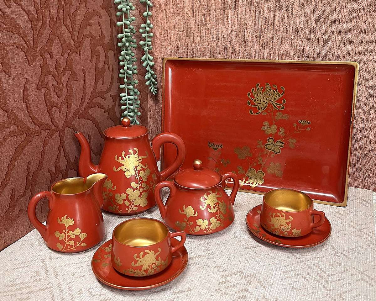 Vintage Japanese Red and Gold Lacquerware Tea Set