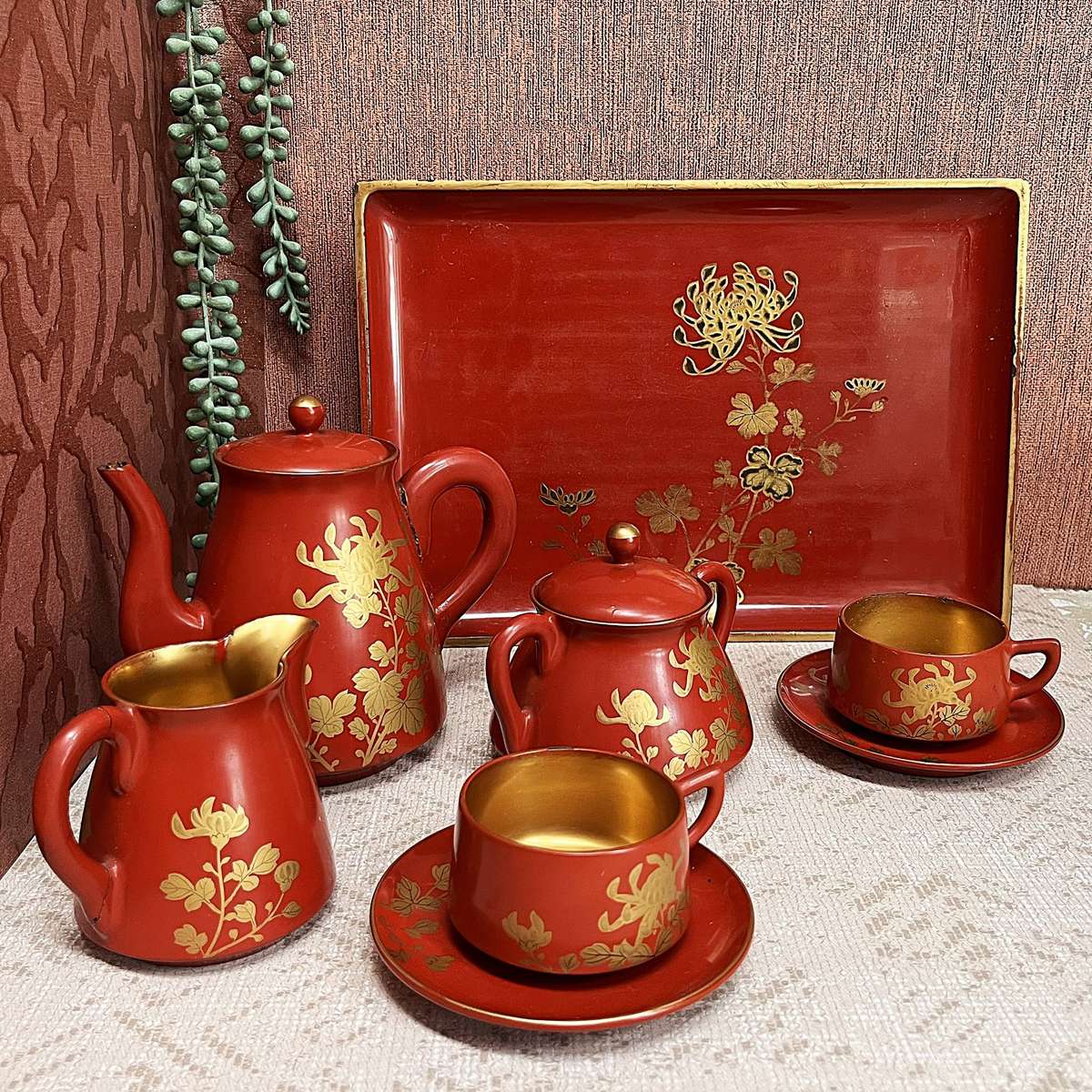 Vintage Japanese Red and Gold Lacquerware Tea Set